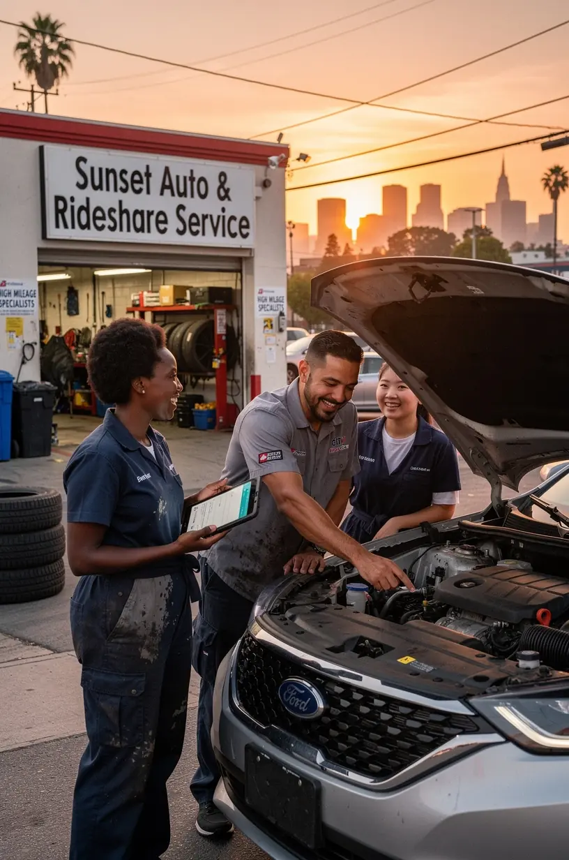 Mechanic adjusting tire pressure on a car with high mileage driven for platform-based transportation work.
