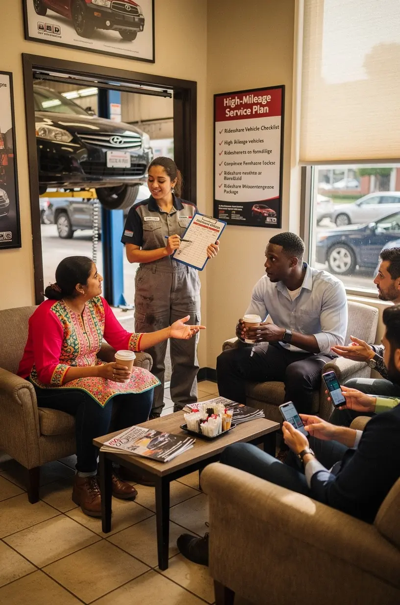 Professional auto technician explaining maintenance schedule to a rideshare driver at a Los Angeles repair shop.