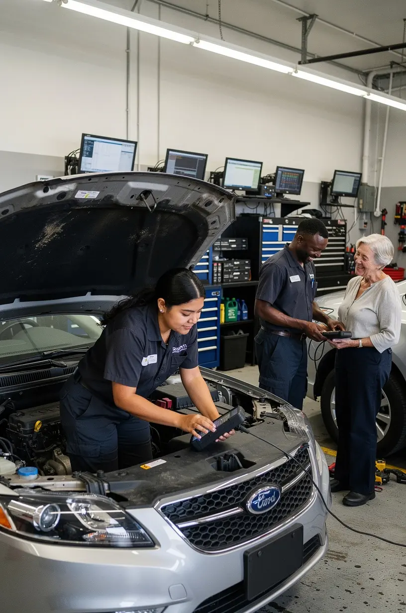 Service advisor reviewing a customized high-mileage maintenance plan with a driver in a car repair shop.