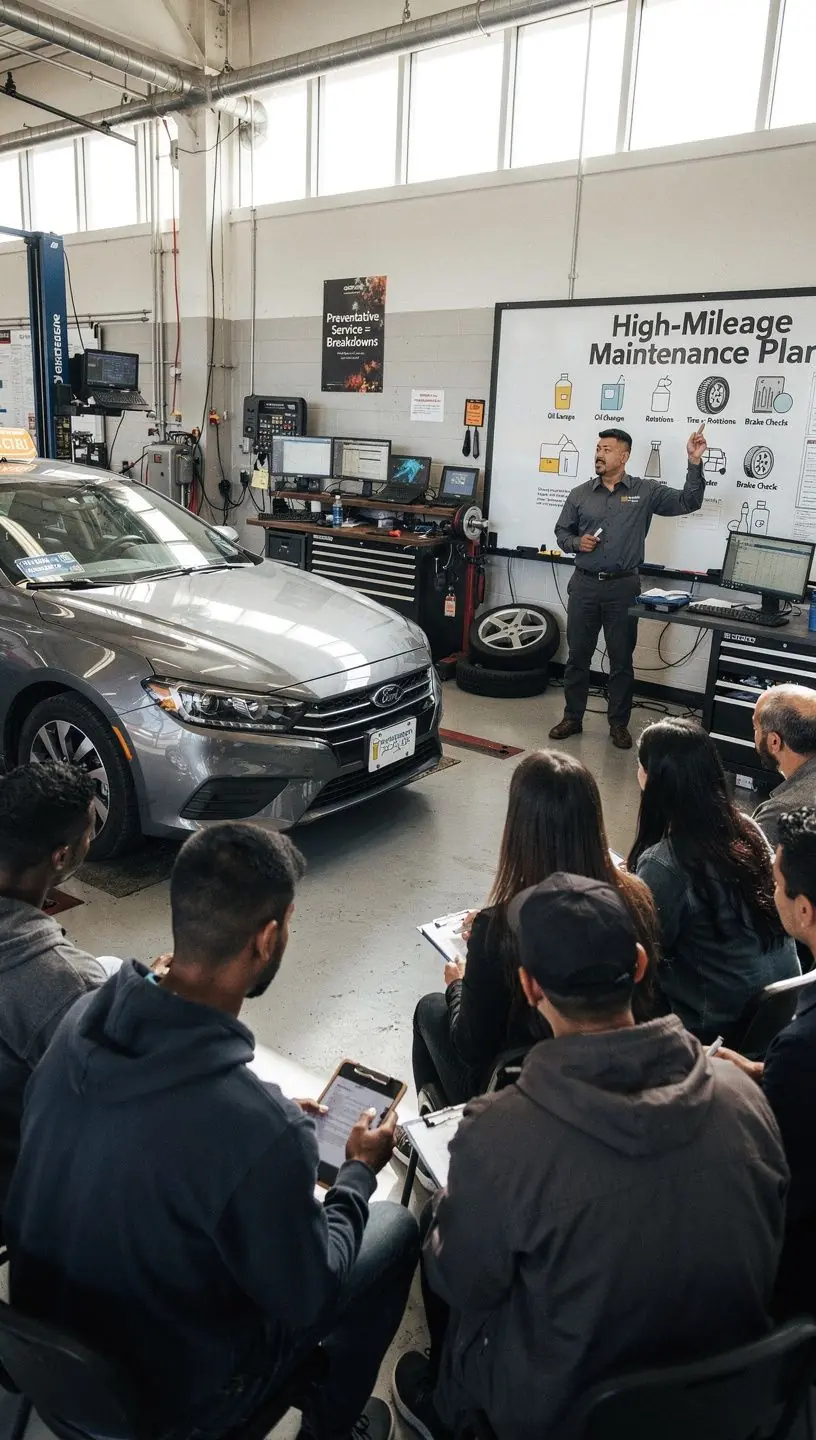 Technician performing oil change service tailored for daily rideshare drivers to maintain engine health.