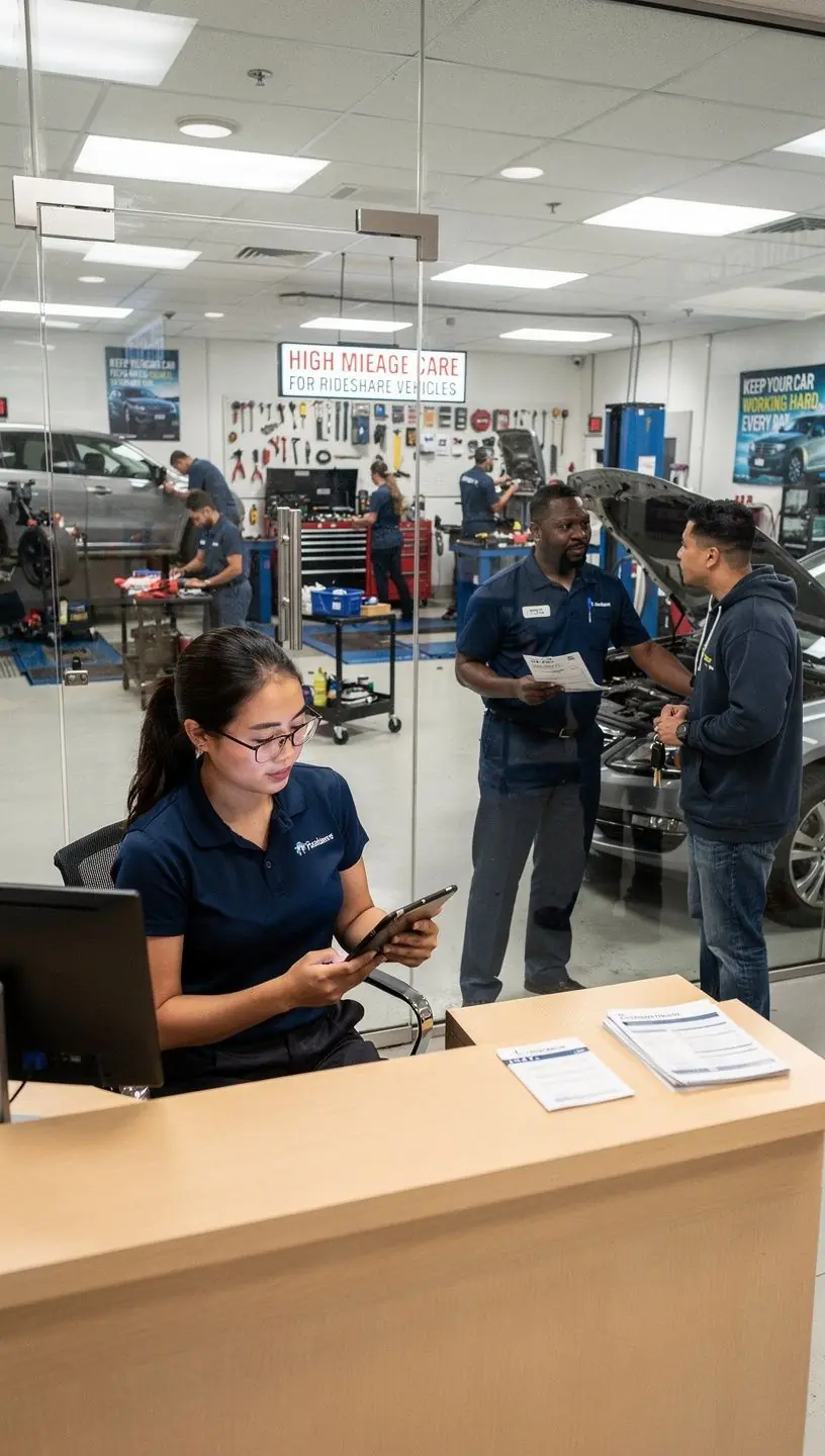 Close-up of a diagnostic tool analyzing a rideshare car’s engine performance in an auto repair shop.